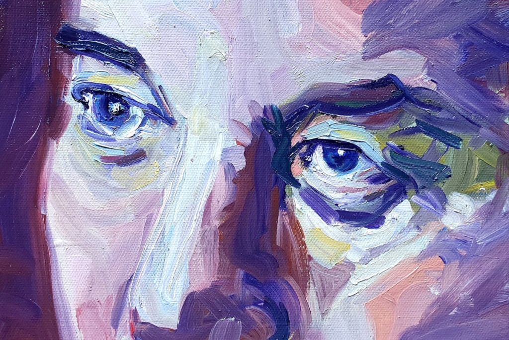 A close-up of a painting of Tesla owner Elon Musk